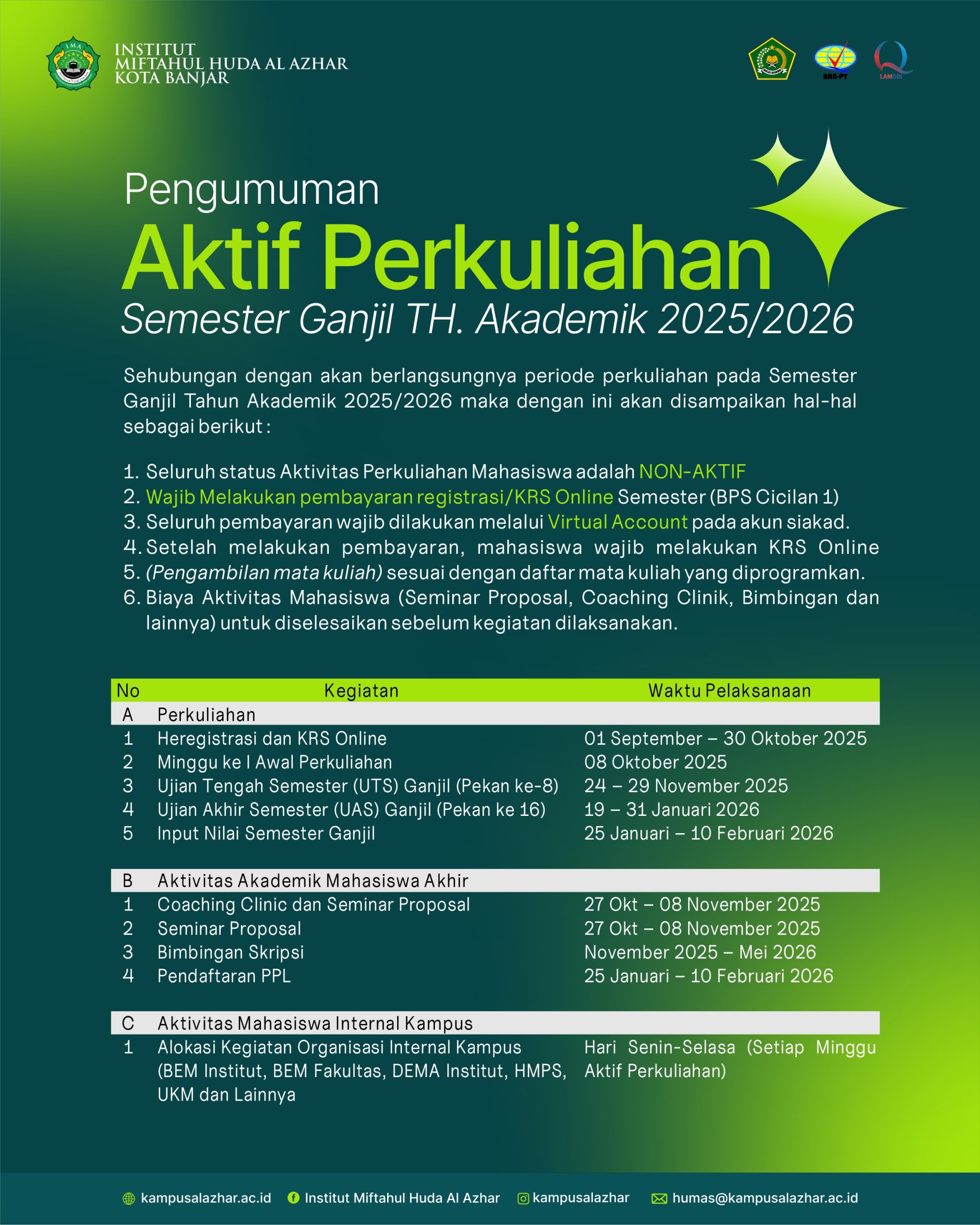 Informasi Perkuliahan Dan Aktivitas Kemahasiswaan Periode Semester Ganjil Tahun Akademik 2025/2026